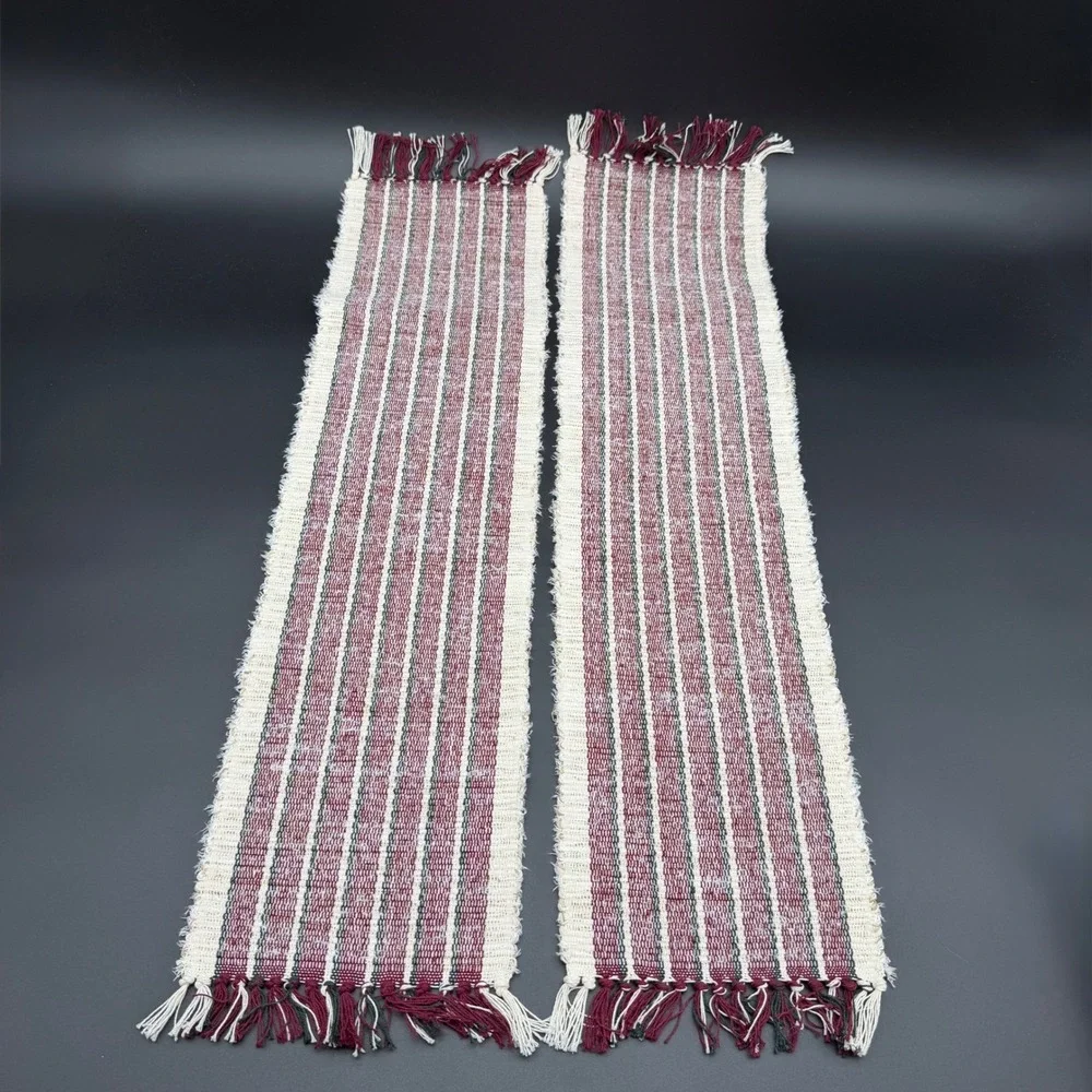 Handmade Woven Table Runners Set of 2 Burgundy Green White Striped 8.5 x 17